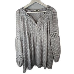 Daniel Rainn Women's Gray Swiss Dot Long Sleeve Sheer Blouse Size Medium